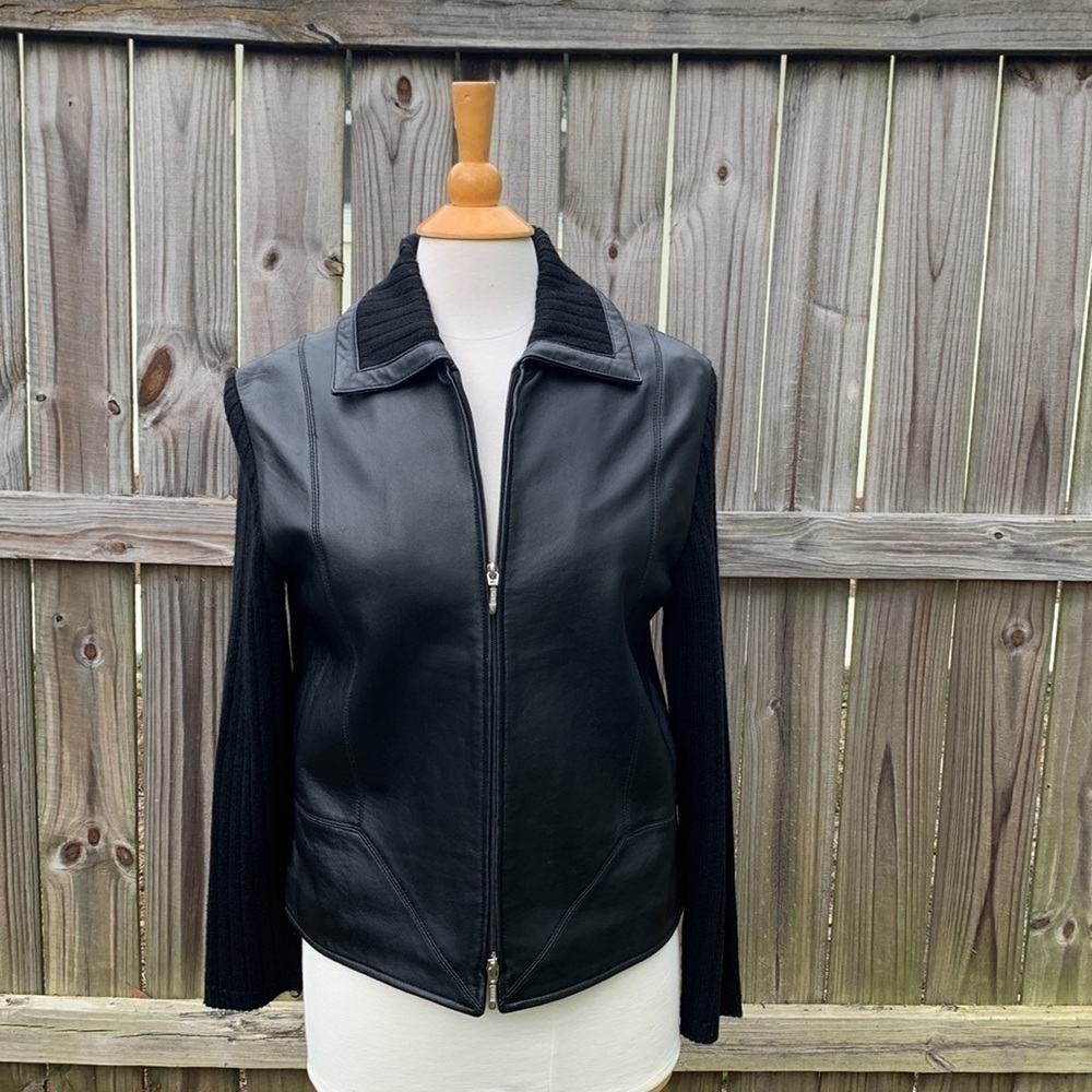 Coldwater Creek black leather jacket, knit sleeves, size small - Picture 1 of 6